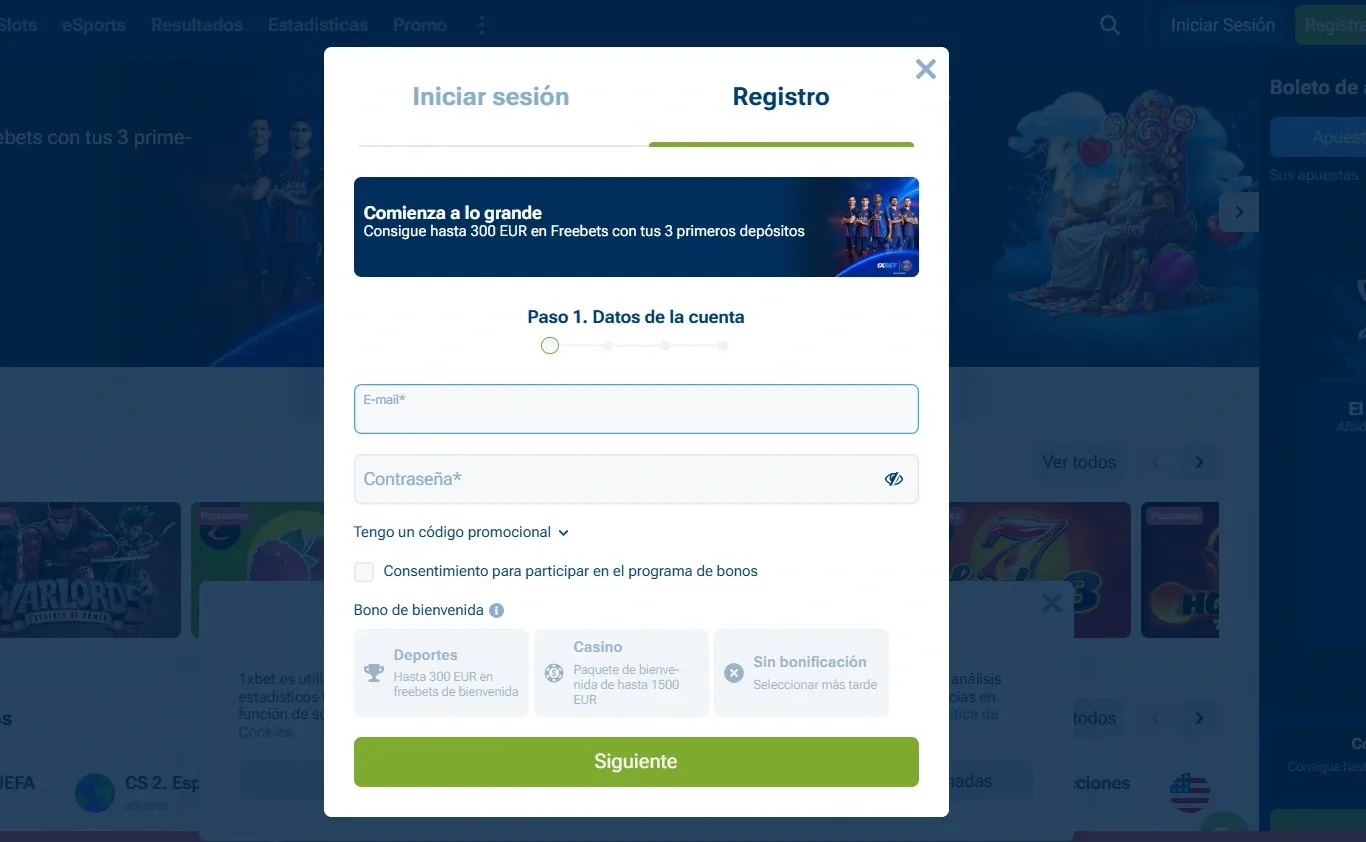 Formulario de registro 1xBet con DNI y email