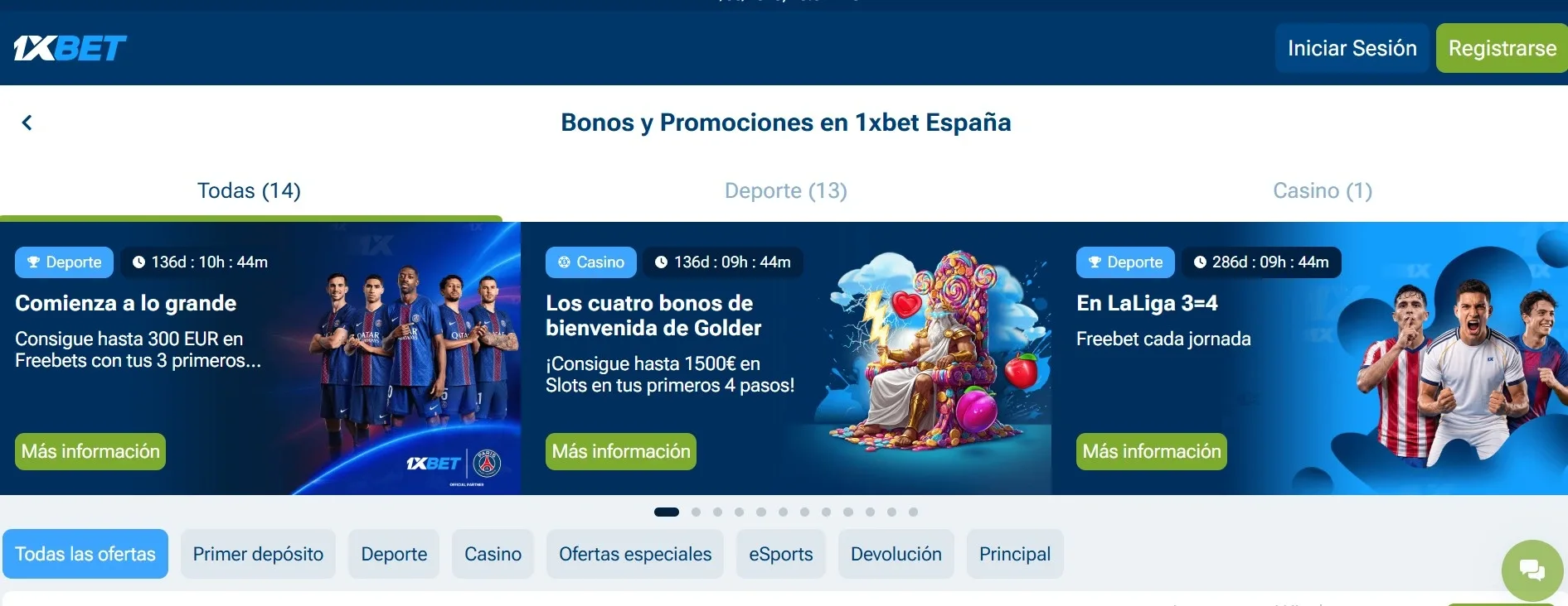 Resumen de bonos y promociones 1xBet