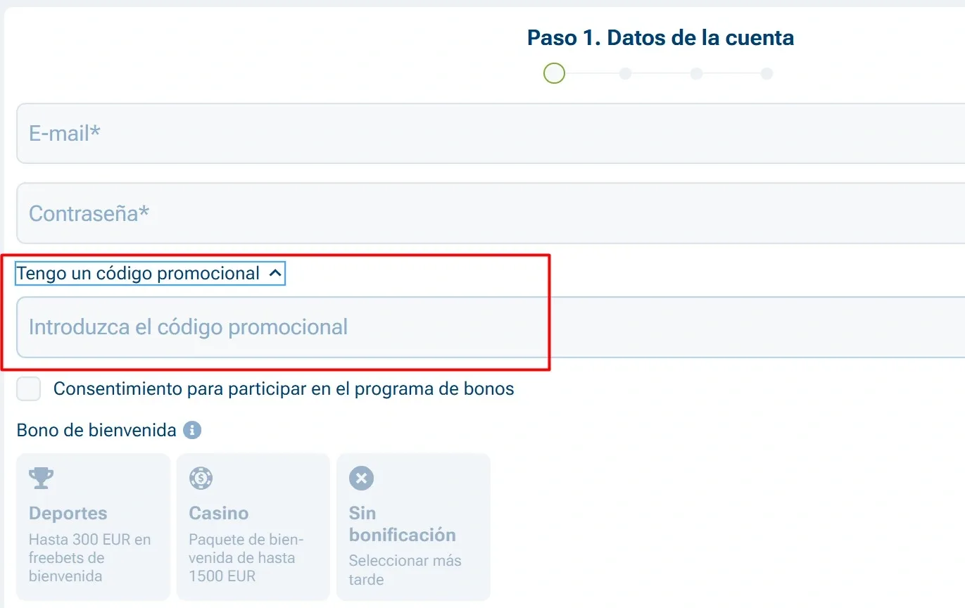 Campo de promoción 1xBet para bono bienvenida